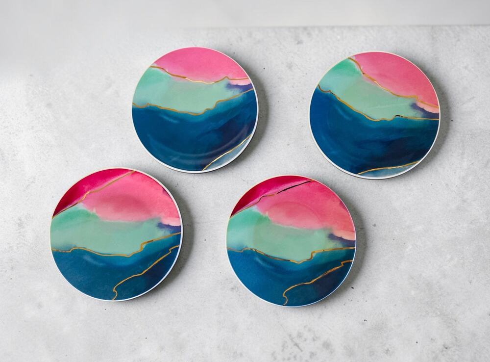Jill & Ally Pink Blue Green Entertaining Dessert Plates Set of Four Kitchen